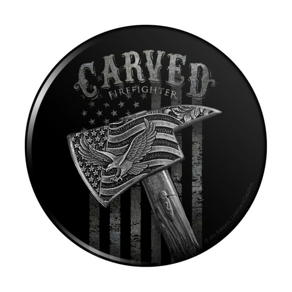 Carved Firefighter American Flag Axe Pinback Button Pin