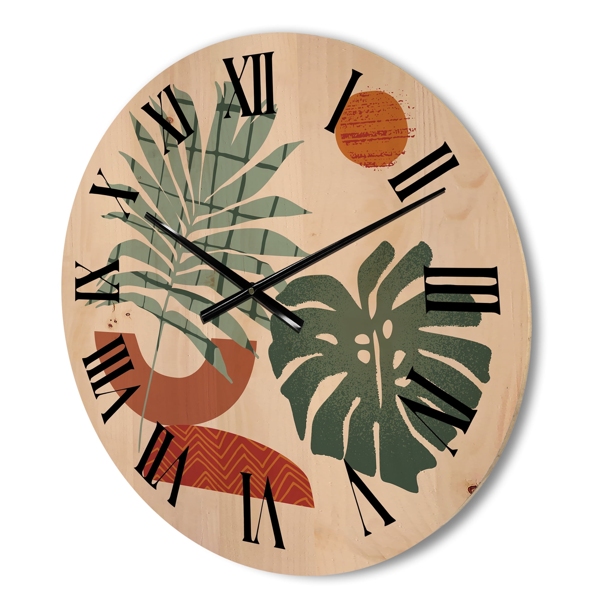 Designart 'Sun and Moon Shapes In Retro Green & Terracotta Tone' Modern Wood Wall Clock