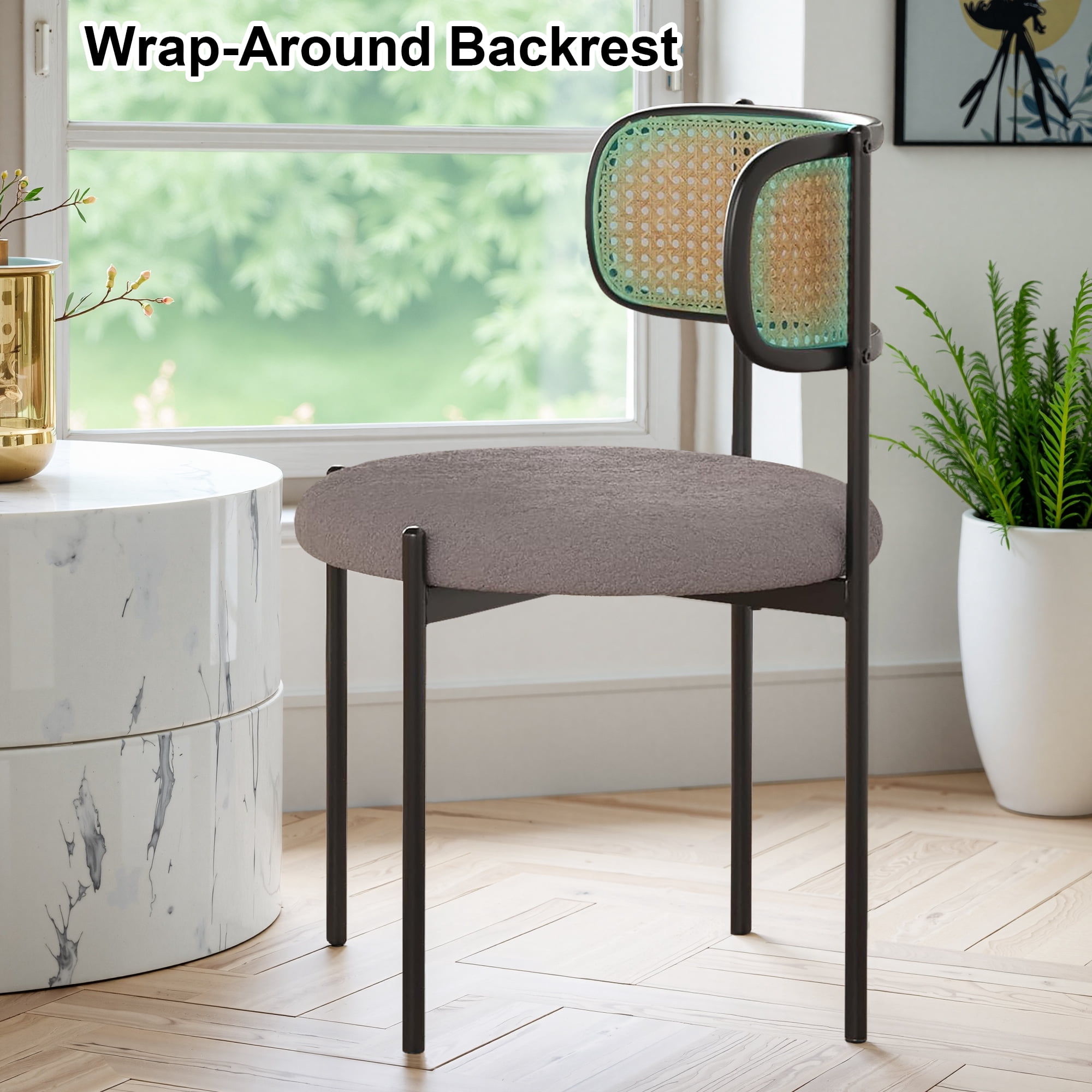 MAYEERTY 2-Pack Light Gray Modern Upholstered Dining Chairs, Rattan Back, Metal Legs, Kitchen Accent