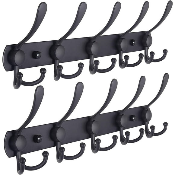 Portemanteau Mural, Robuste, 5 Crochets Triples, Acier Inoxydable, Rail de Crochets en Métal pour Manteau Chapeau Serviette Sac Peignoirs Vestiaire Salle de Bain Entrée (Noir, 2 Paquets)