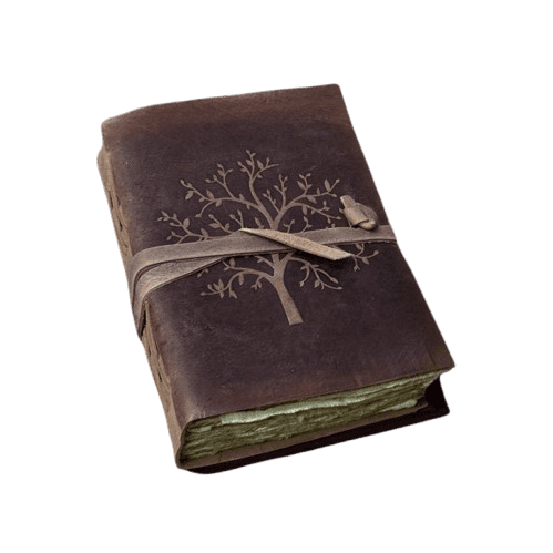 Handmade Leather Journal with Tree of Life Embossing – 5x7 Inch Vintage Notebook, 200 Deckle Paper Pages, Rustic Wrap Closure