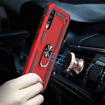 For Samsung Galaxy A30 / A20 With Tempered Glass Screen Protector, Rugged Hybrid Armor Anti-Scratch Shockproof Kickstand Cover Compatible Magnetic Car Mount Ring Grip, Red
