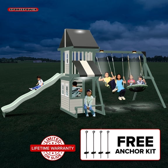 Sportspower Ladera Solar Wooden Swing Set with Clubhouse, Deck Lights, 2 Belt Swings, 2-Person Saucer Swing, 8ft Slide, Climbing Wall, & Bench/Table, FREE Anchors Included