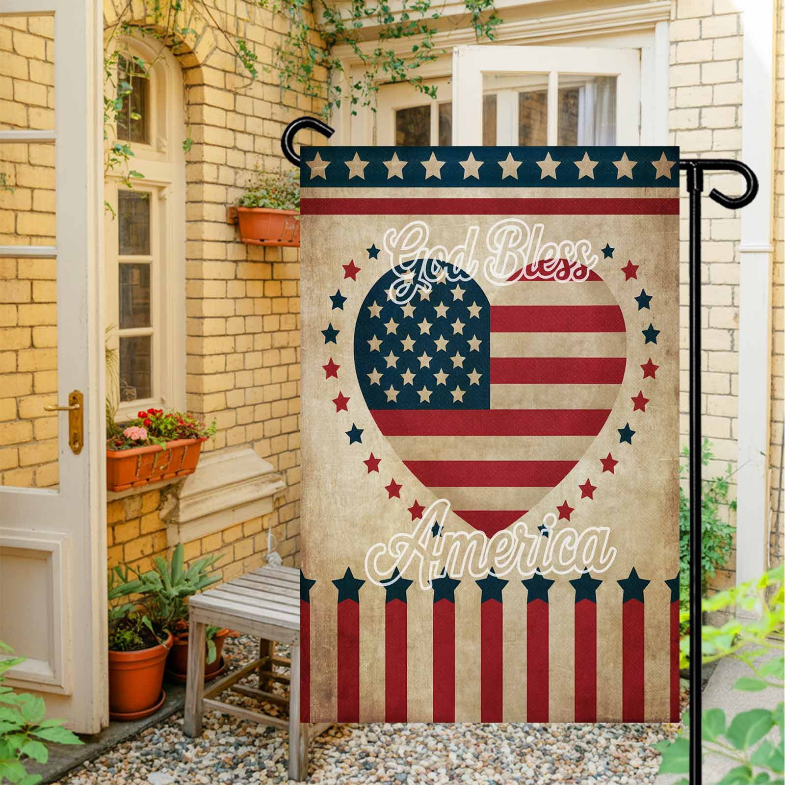4th of July Garden Flags God Bless America Garden Flag Double Sided Welcome Flag Retro Patriotic Stars Stripes Heart Independence Day Yard Flags for Outdoor Lawn Porch Memorial Day Decor 28x40 Inch