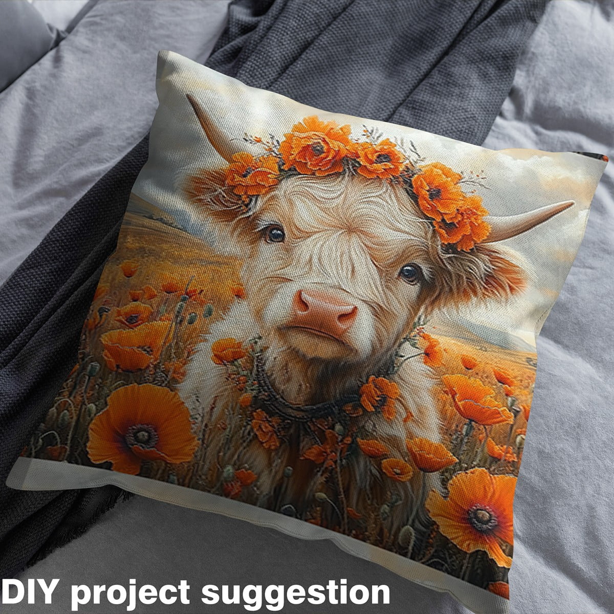 jejeloiu Cute Highland Cow Fabric by the Yard 1 Yard,Farm Animal Home Decor Fabric by the Yard,Orange Flower Floral Sewing Fabric For Teens,Microfiber Bedroom Decor