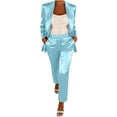 thumbnail image 4 of Mifsaly Womens Suits 2 Piece Set Business Casual Silk Satin Open Front Long Sleeve Jacket and Straight Leg Pants with Pockets Lightweight Soft Office Work Matching Outfits Light Blue,XXXL, 4 of 5