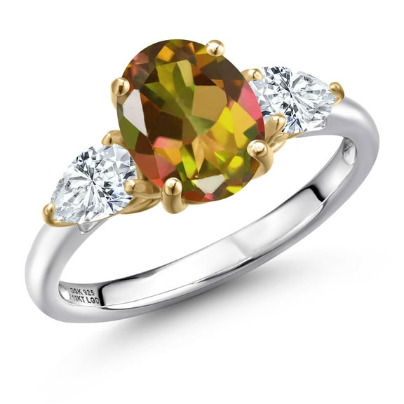 Gem Stone King 925 Silver and 10K Yellow Gold Mango Mystic Topaz and F - G Lab Grown Diamond Engagement Ring for Women | 2.70 Cttw | Oval 9X7MM | Gemstone November Birthstone | Size 9