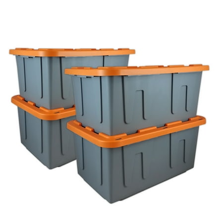 Durabilt 27-Gallon Plastic Storage Tote, Gray/Orange, Set of