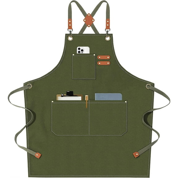Cotton Canvas Cross Back Gardening & Work Apron with Large Pockets, Verde Armada