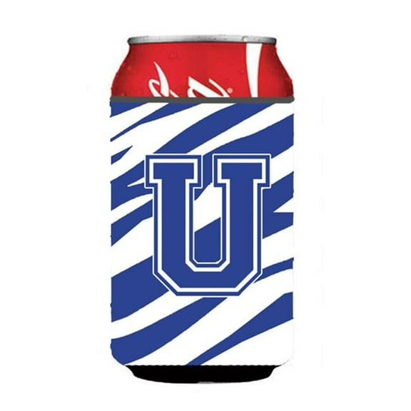 Letter U Initial Monogram - Tiger Stripe Blue And White Can Or Bottle Hugger