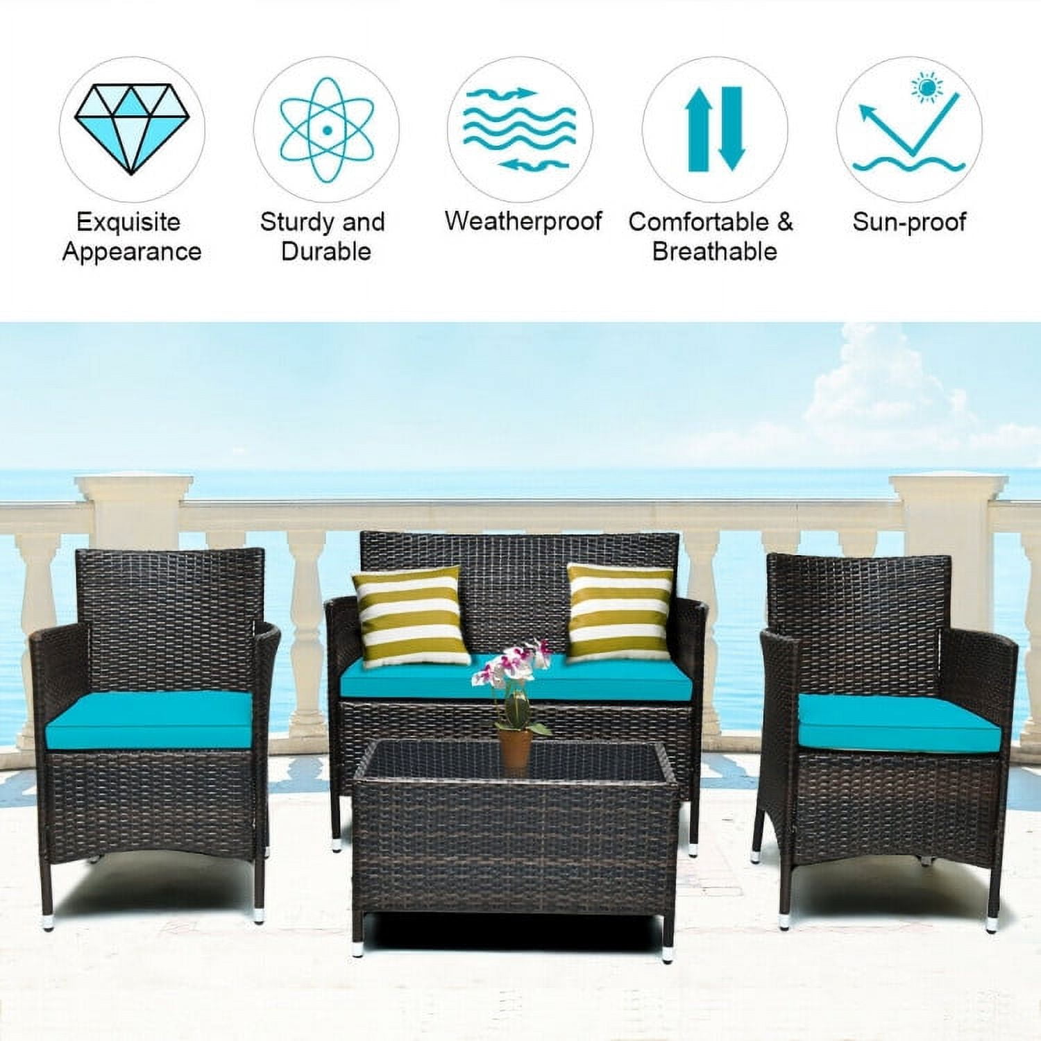Aimee Lii 4 Pieces Patio Cushioned Wicker Conversation Set, Outdoor Sectional Set with with Glass Coffee Table, Turquoise Aimee Lii 4 Pieces Patio Cushioned Wicker Conversation Set, Outdoor Sectional Set with with Glass Coffee Table, Turquoise