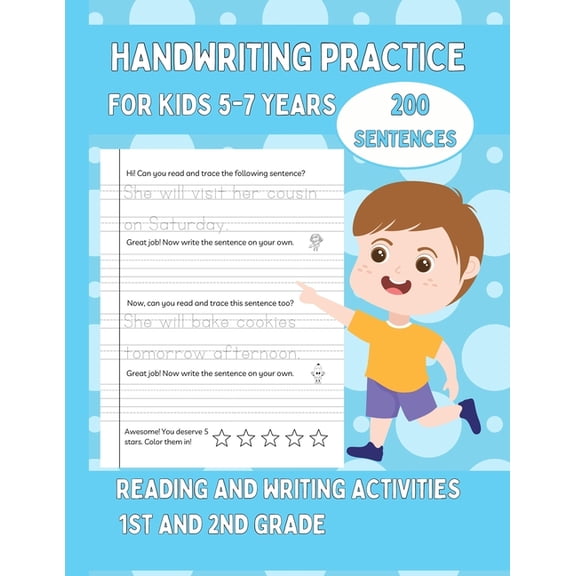 Handwriting Practice For Kids 5-7, 200 Sentences: Reading and Writing Activities For 1st and 2nd Grade Blue Cover, (Paperback)
