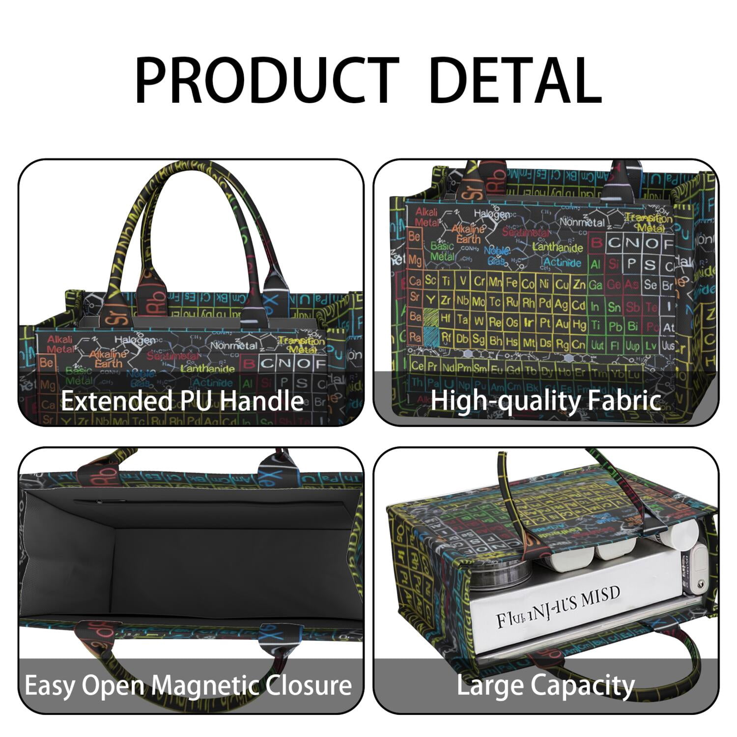 Large Capacity Tote Bag,Math Equations Periodic Table Black Pattern Handbag Fashion Luxury Tote Bag,15.7"x13"x 5.1" Inches,Laptop Compatible