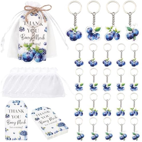 24 Sets Blueberry Party Favors, Blueberry Baby Shower Decorations Keychains Thank You Berry Much Tags Organza Bags Gifts for Berry Sweet Fruit Birthday Bridal Shower Gender Reveal Party