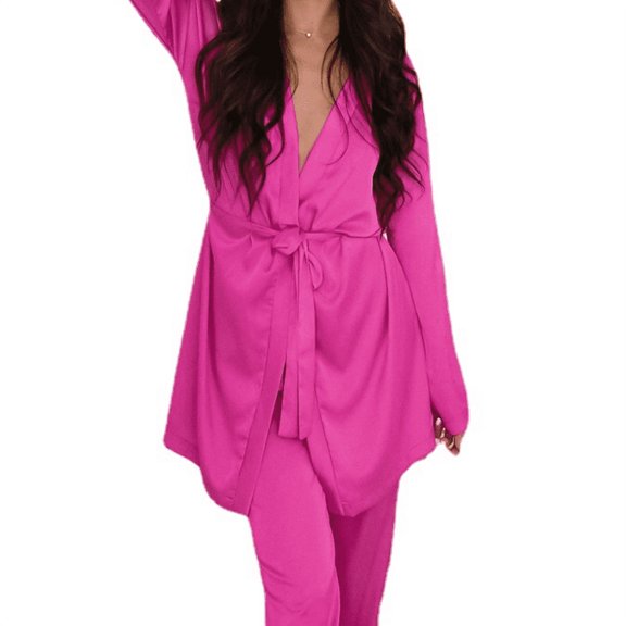 2022 European And American Autumn Casual Fashion Lace-up Nightgown Set Straight Pyjamas Pink Sweet Wind Ladies Home Clothing M