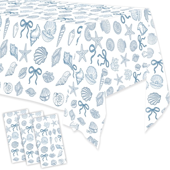 Wowhub 3 Pack Blue Bow Seashell Tablecloth, 54 x 108 Inch Disposable Plastic Beach Ocean Table Covers for Summer Pool Party and Beach Themed Birthday Decorations