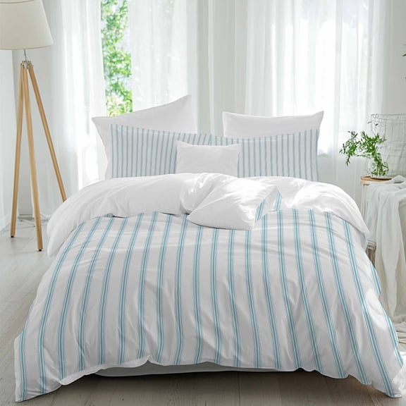3 Piece Blue Striped Duvet Cover Set California King, Microfiber Comforter/Quilt Cover with Corner Ties and 2 Pillowcases, Blue White Stripes Farmhouse All Season Soft Bedding with Zipper Closure