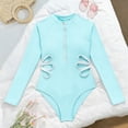 thumbnail image 4 of CUZIBR Toddler Girls One Piece Swimsuit Solid Color Long Sleeve Zip Up Cutout Waist Bikini Bathing Suit For Teen Girls Fashionable Rash Guard Upf 50+ Sun Protection Swimwear,Sky Blue,14-15 Years, 4 of 5
