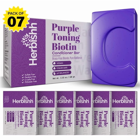 Herbishh Purple Toning Conditioner Bar Pack of 7 – Biotin Solid Conditioner for Blonde, Silver & Gray Hair – Neutralizes Brassiness, Adds Shine, Moisture, Sulfate-Free, Eco-Friendly, 3.53 oz Each