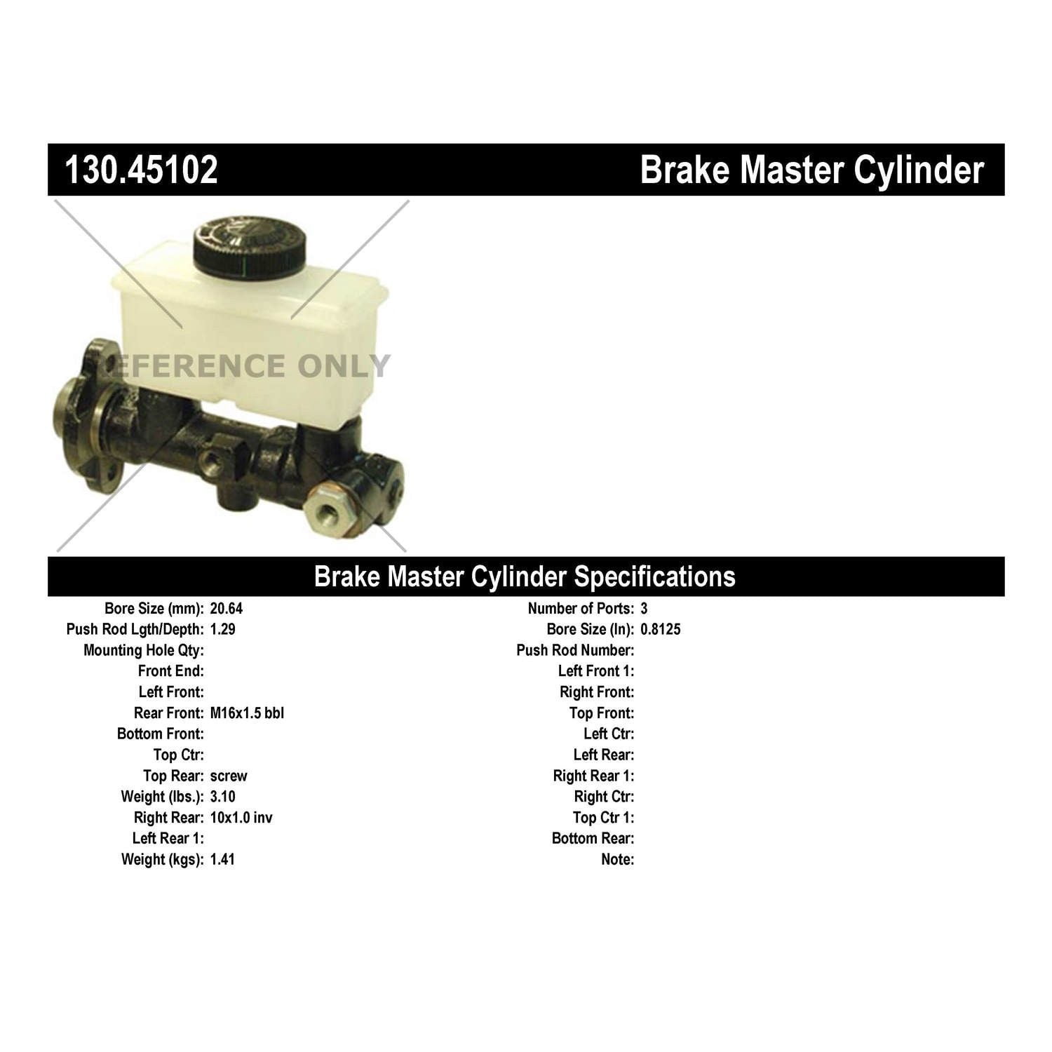 Centric Parts Brake Master Cylinder P/N:130.45102 Fits select: 1984-1985 MAZDA RX7