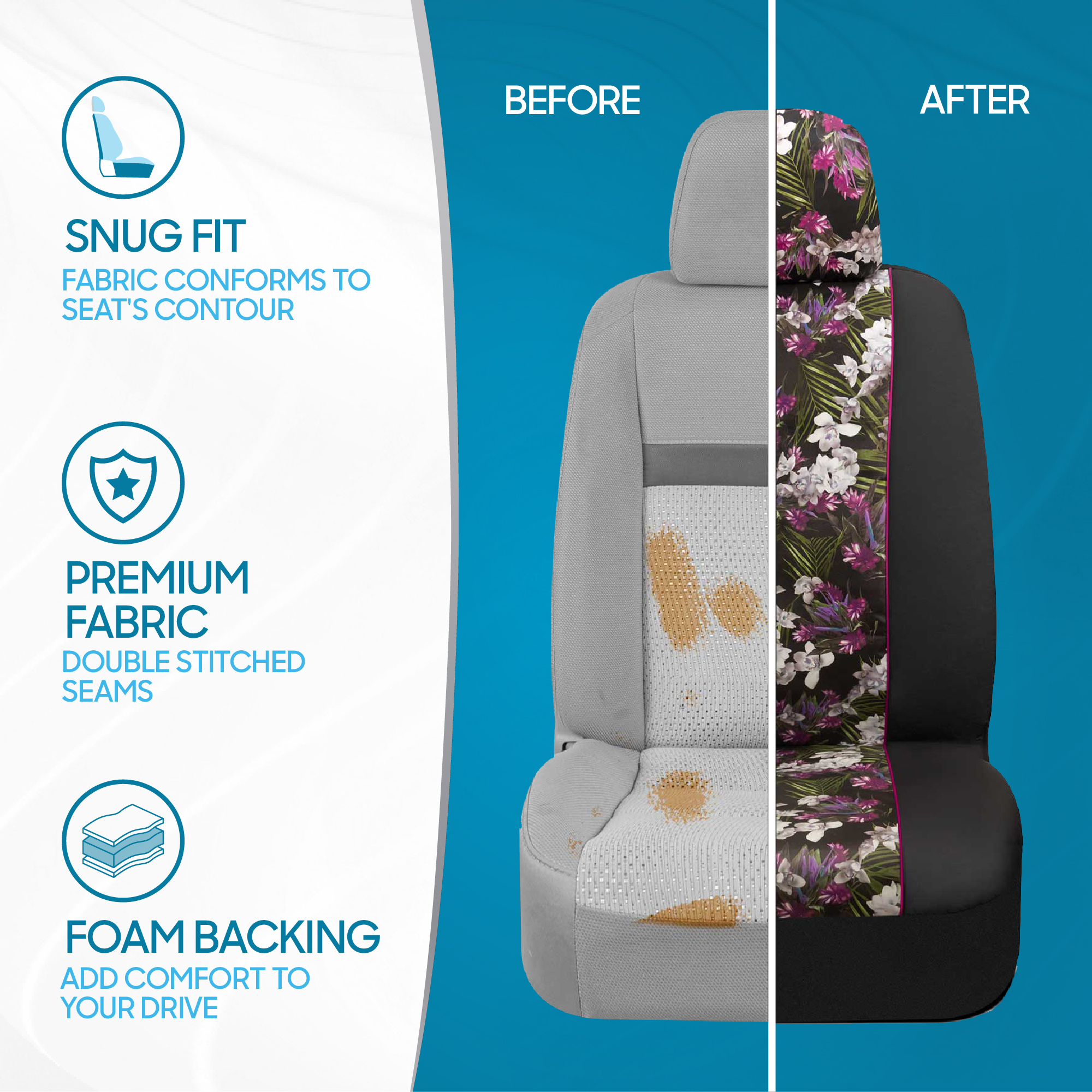 BDK Catalina Flower Seat Covers for Car SUV Truck - Sideless Seat Style Compatible with Armrest & Airbag - Universal Fit 2 Sets