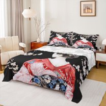 Homewish Japanese Geisha Girl Full Size Sheets,Ukiyo Style Bed Sheets,Pink Cherry Blossom Sheet Sets For Girls Kids,Ultra Soft Home Decor,4-Piece