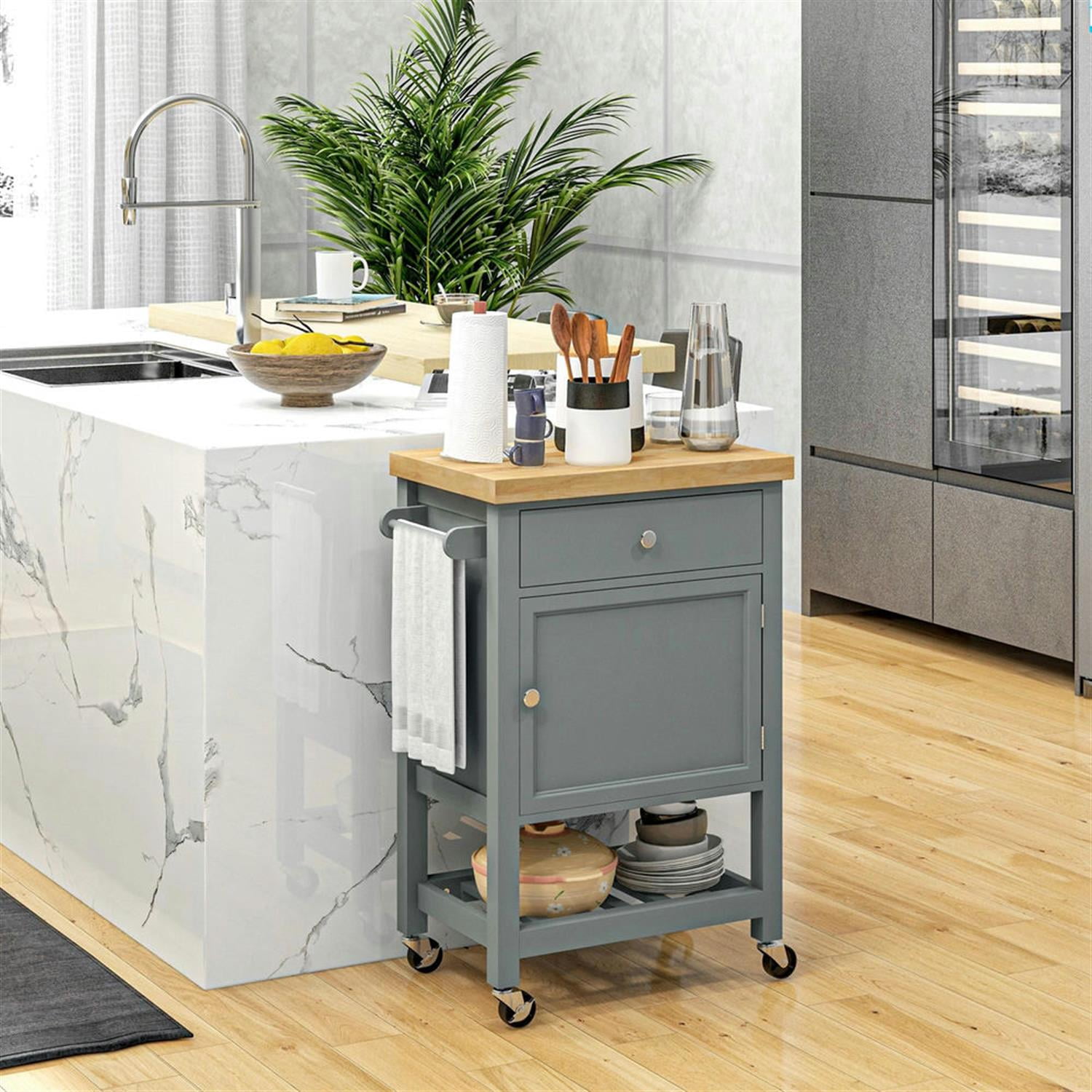 Demi Bonn Kitchen Island Cart on Wheels with Storage, Rolling Dining Room Serving Utility Carts Mobile Movable with Rubberwood Top and Drawer, Gray