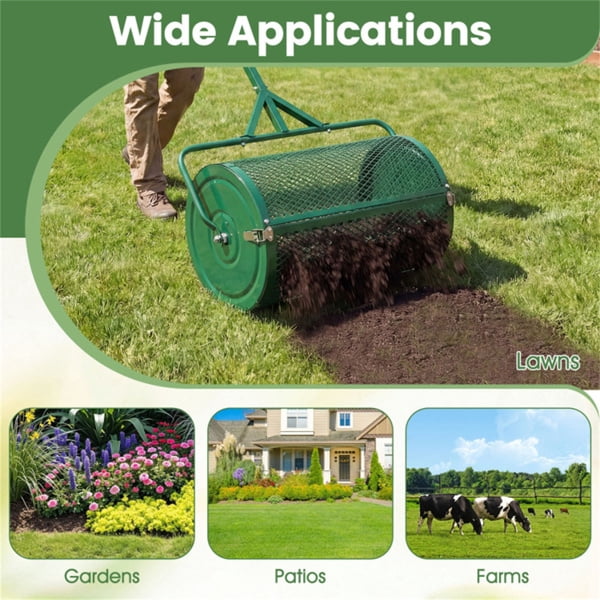 imerelez 24 inch Compost Spreader for Lawn, Lightweight Metal Mesh Lawn with 0.75"×0.5" Mesh for Topdressing & Seedling, Fertilizer Topsoil Peat Moss Spreader Roller, Garden Yard Care (Green)