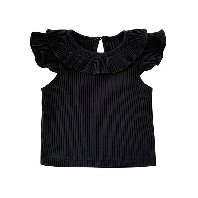 Hauts à Manches Courtes à Volants pour Filles, Tee-Shirts Texturés en Tricot, Mini Col Rond, Léger, Pull Décontracté, Blouse Ample Noire 2-3 Ans