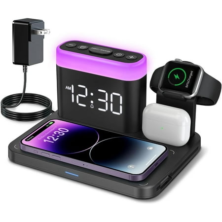 Wireless Charging Station with Alarm Clock & Night Light,Magnetic 5 in 1 Charger Stand for Multiple-Device,Charging Dock for iPhone 17 16 15 14 13 12 Pro Max Plus,Apple Watch,Airpods,Nightstand