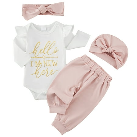 

0-18M Girls Romper Tops Flower Pants Hat Hairband Baby Girls Sets Spring Autumn Long Sleeve Fashion 4pcs Casual Suit