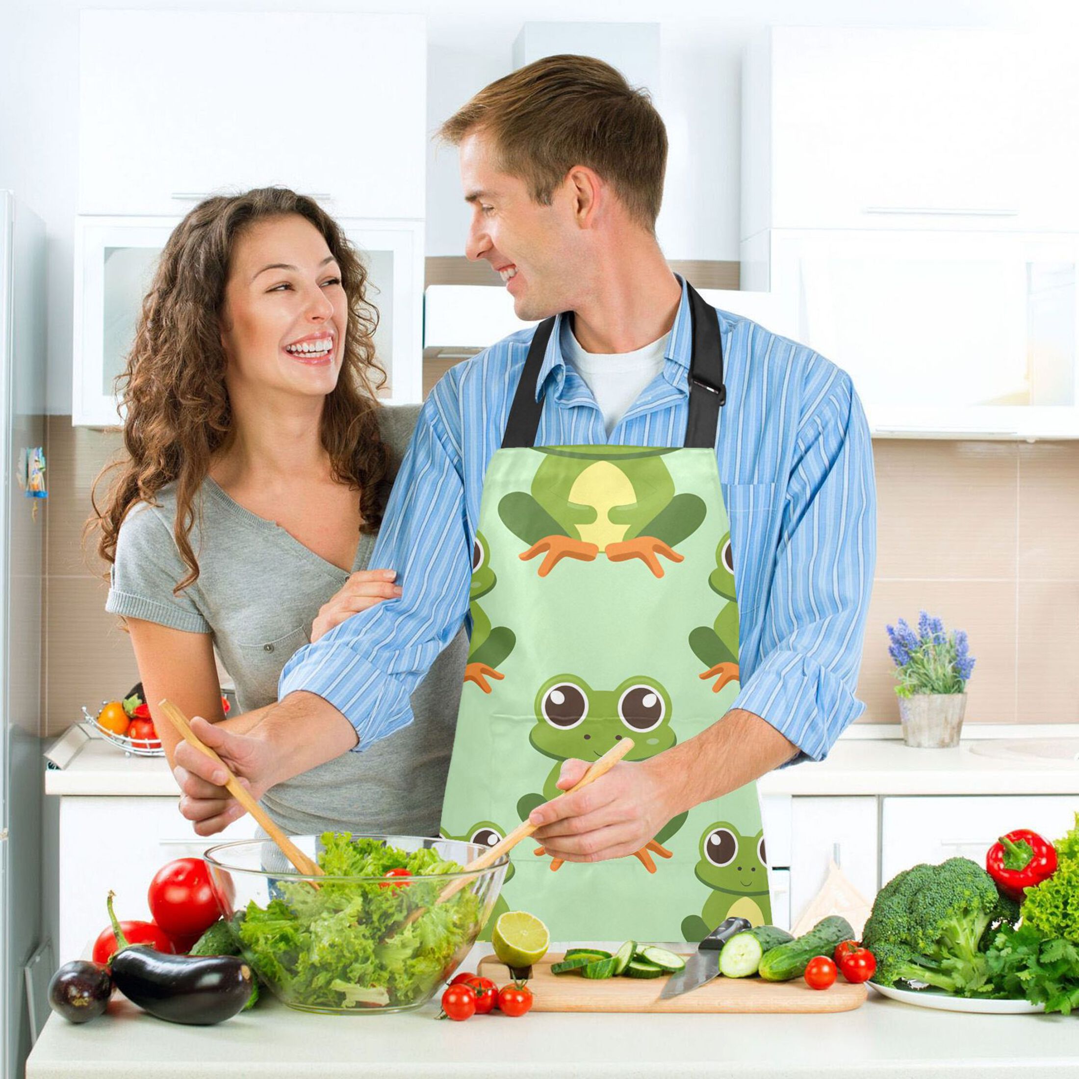 Lovely Frogs 5 Pcs Kitchen Set Heat Resistant Oven Mitts and Non-Slip Pot Holders with Adjustable Cooking Apron
