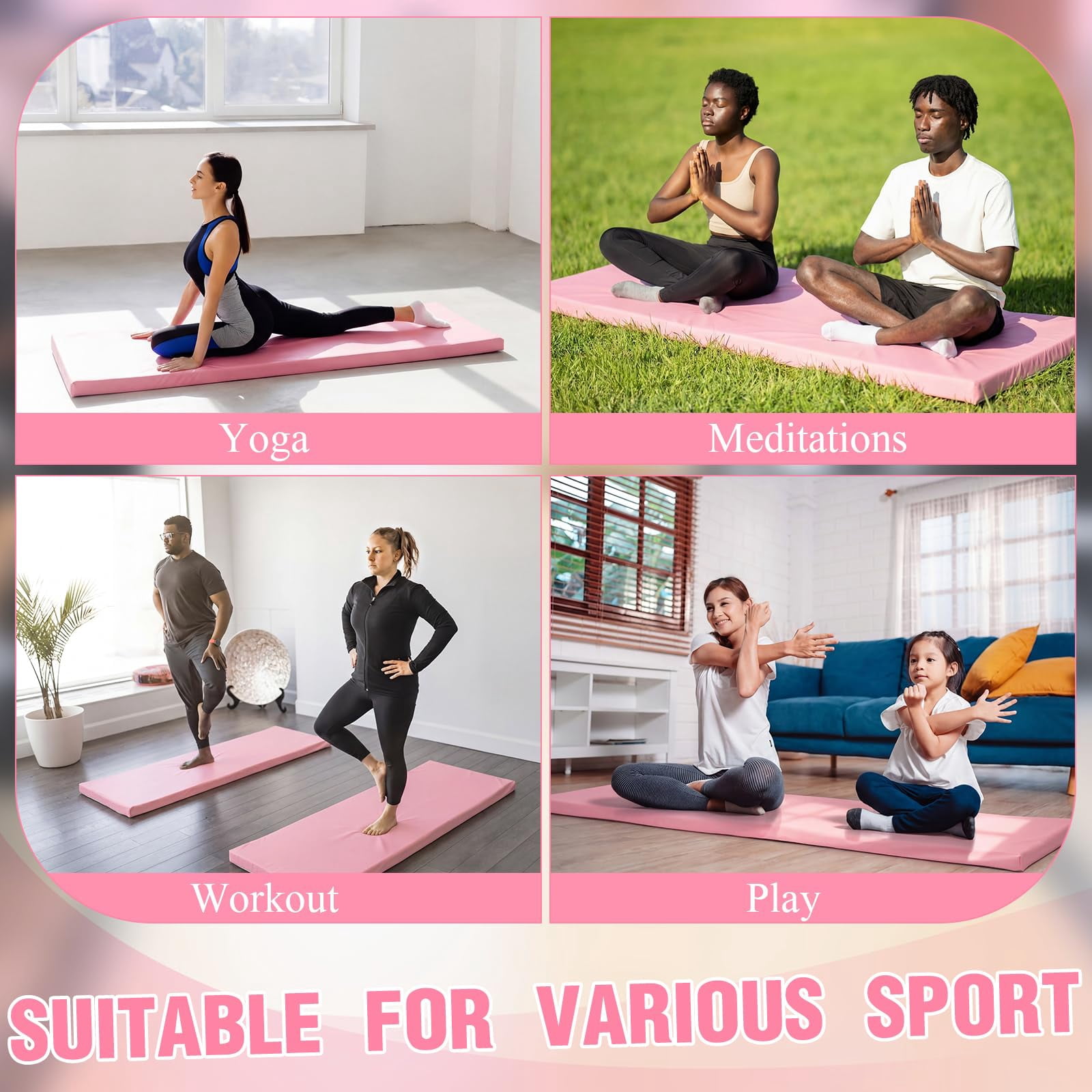 Peach Pink Foldable Yoga Mat 2 Inch 72"x24" Thick For Pilates Stretching Gym Workouts