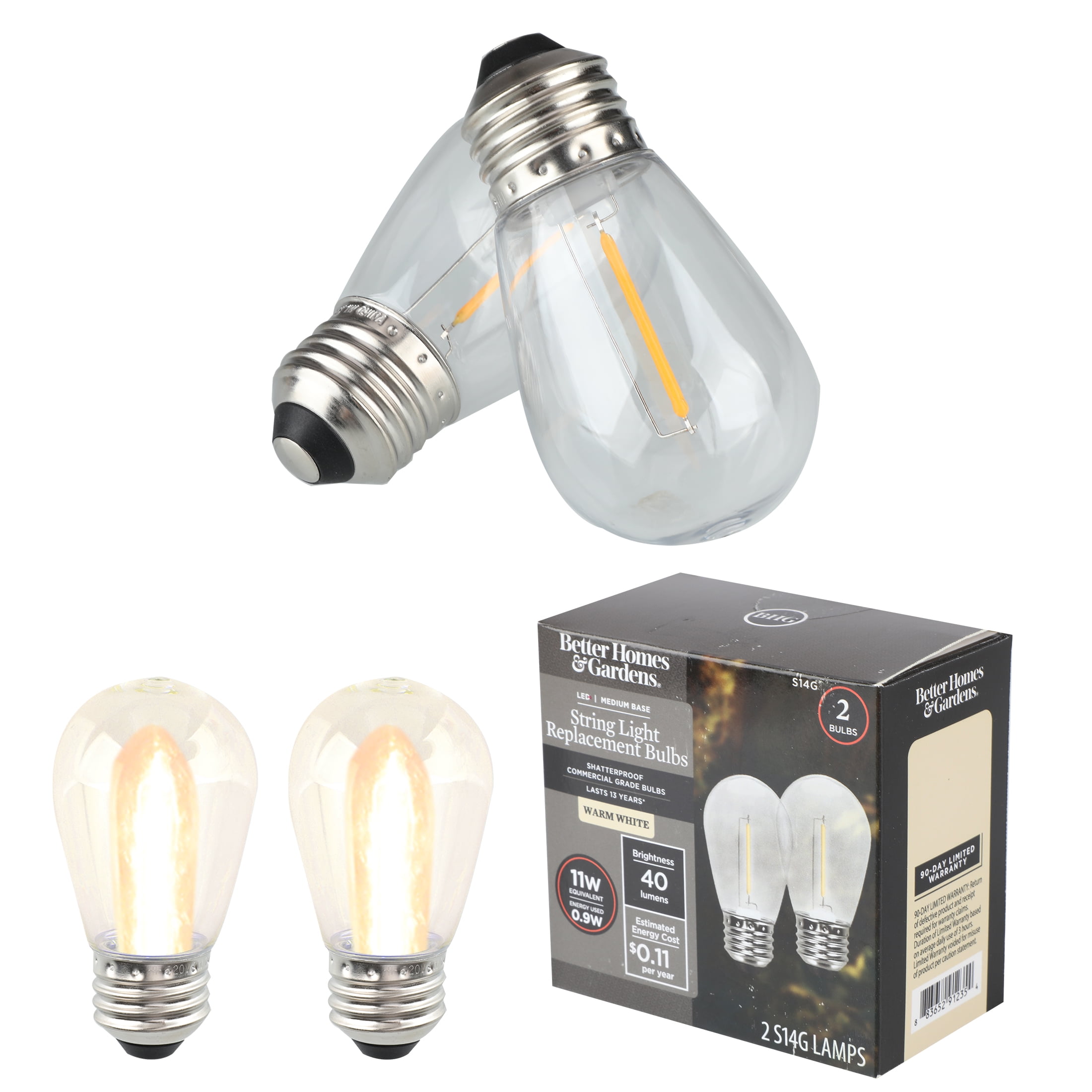 Better Homes & Gardens S14 0.9W LED Replacement Bulbs for Outdoor Commercial String Lights, Warm White, 2-Pack