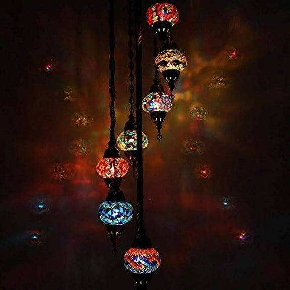 Handmade, Tiffany Style Glass, Turkish/Moroccan Lantern Ottoman Style Mosaic Floor Lamp (Red, 7 Globes)