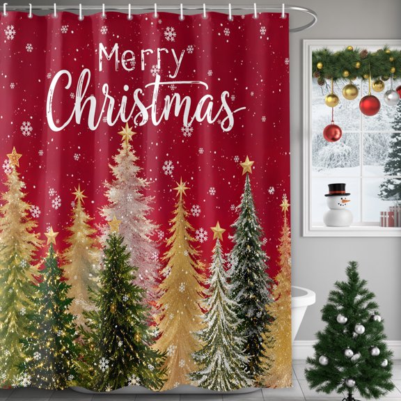 Red Christmas Trees Shower Curtains for Bathroom, Waterproof Fabric Bath Curtains Decor, Bath Tub Curtain Winter Snowflake Xmas Pine Forest Decorative Shower Curtain Sets with 12 Hooks, 72x72 Inch