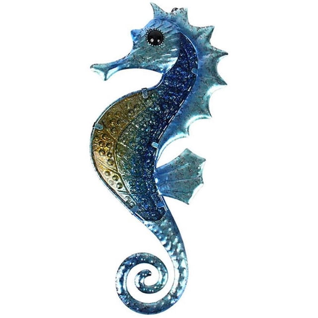 Decoración de pared de caballito de mar de metal, arte de cristal del océano para baño, decoraciones temáticas de playa colgantes al aire libre, escultura de vida marina azul para Patio, por
