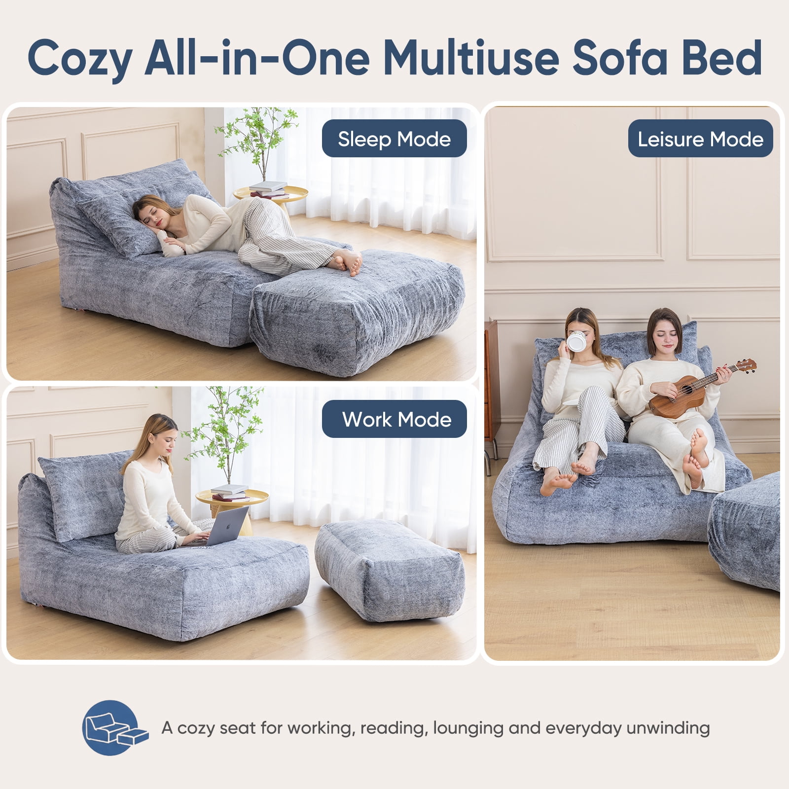 Alvantor Convertible Plush Sofa Bed with Ottoman and Pillow, Oversized Shaggy Faux Fur Floor Sofa, Foam Filled Armless Sleeper for Living Room, Bedroom, Dorm