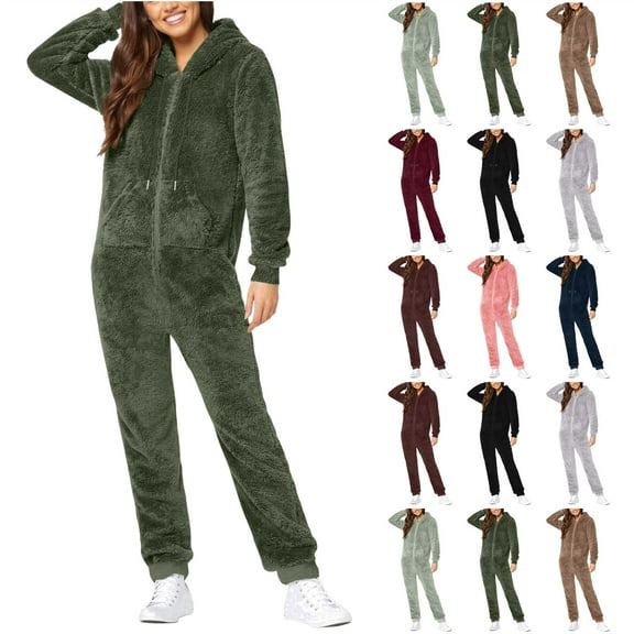 BiZtdJrK Womens Zipper Fuzzy Pajama Jumpsuit with Drawstring Hood Winter Warm Fleece One Piece Sleep Pants Casual Loose Pocket Loungewear, Army Green, XXL
