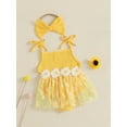 thumbnail image 5 of Newborn Baby Toddler Girl Romper Dresses Outfit, 3 6 9 12 18 Months Sleeveless Flower Print Tulle Patchwork Romper Dress with Bowknot Hairband Summer Clothes, 5 of 9