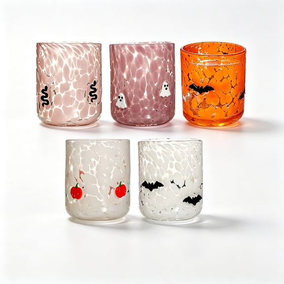 Qocolcyl Halloween Icon Glass Cups - 3.5x4.7in Ghost Bat Snake Pumpkin Icon Juice Stemless Wine Glasses Double Old Fashioned Hand Blown Drinking Cups for Halloween Party Gift