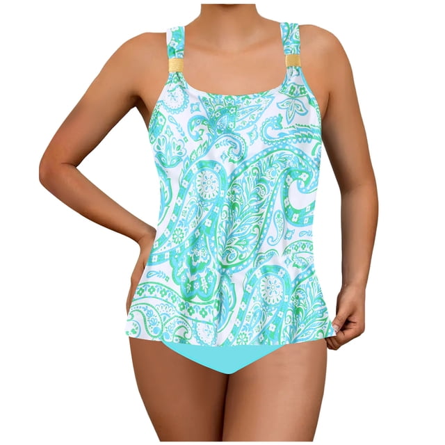 Flowy Ruffle Tankini Swimsuits for Women Plus Size Summer 2 Piece Paisley Bathing Suits Old Womens Modest Swimwear Light Blue, M