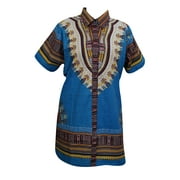 Mogul Women's Blue Tunic Dress Cotton Dashiki Print Blouse Top