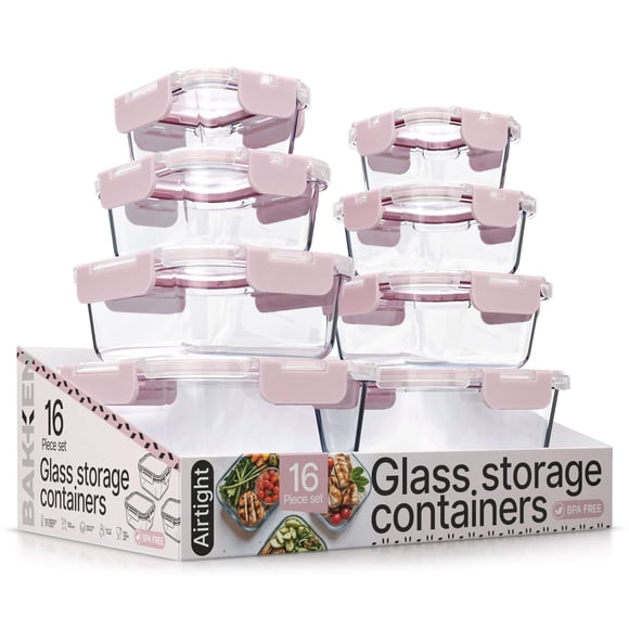 Juego de Contenedores para Alimentos BAKKENMASTER de Vidrio, 16 Piezas, Color Rosa