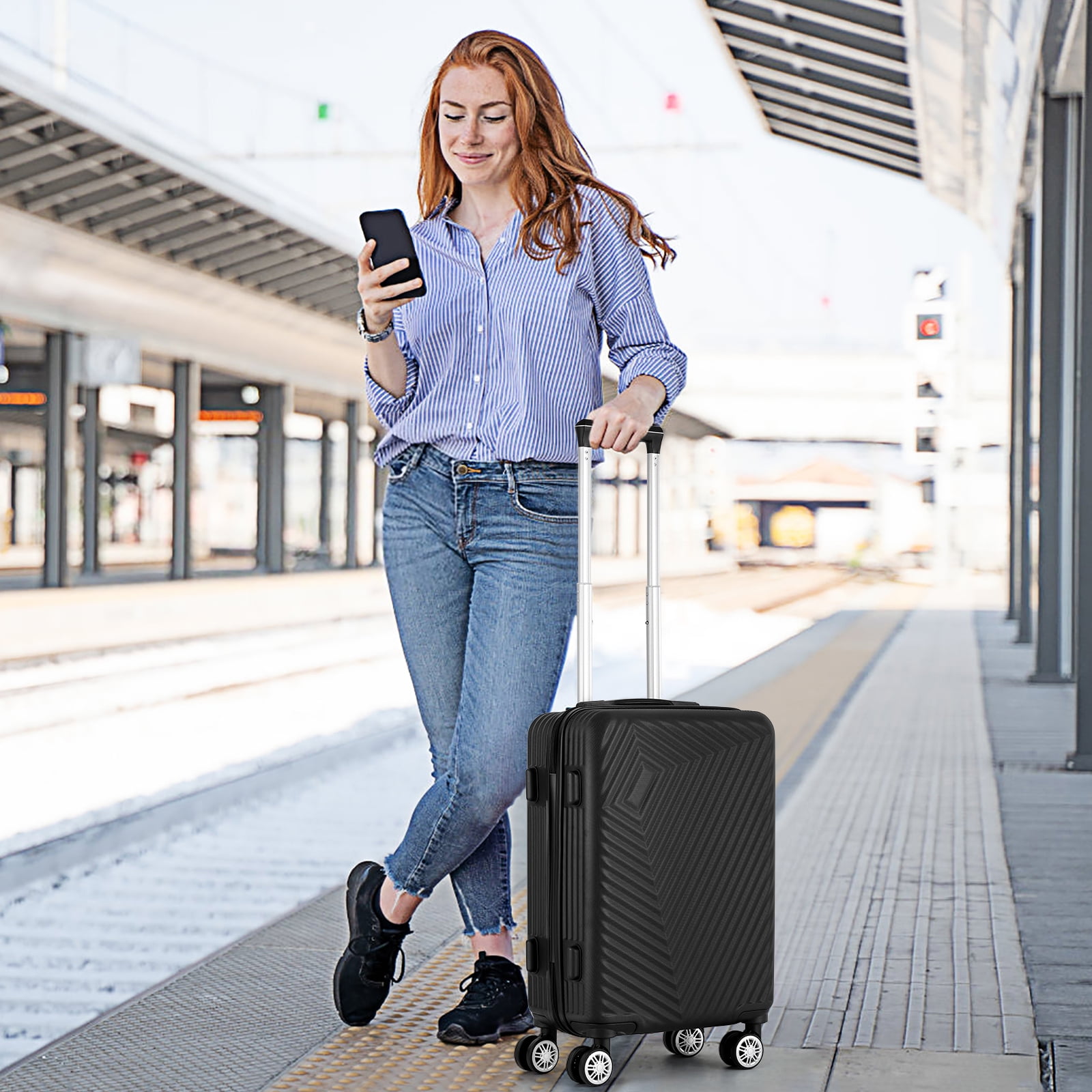 Luggage 3-Pieces Set ABS Durable Suitcase with Spinner Wheels Black 20"24"28"
