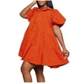 thumbnail image 1 of Birdeem Short Sleeve Turndown Collar Dress Womens Summer Casual Loose Collar Short Sleeved Ruffled Hem Button Pleated Dress, 1 of 1