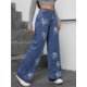 thumbnail image 4 of Y2k Pantalones vaqueros con diamantes de imitación for mujer, pantalones largos con diamantes de imitación de calle, rectos, sueltos, versátiles, pierna ancha, 4 of 7