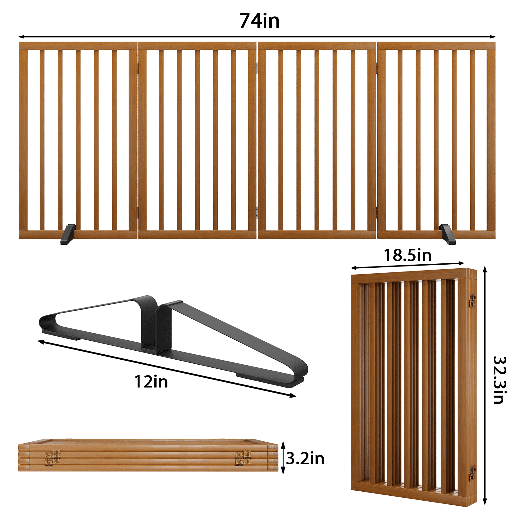 Smart FENDEE Bamboo Dog Gate Freestanding 4 Panel Pet Gate with 2 Support feet, 33" Tall, Walnut