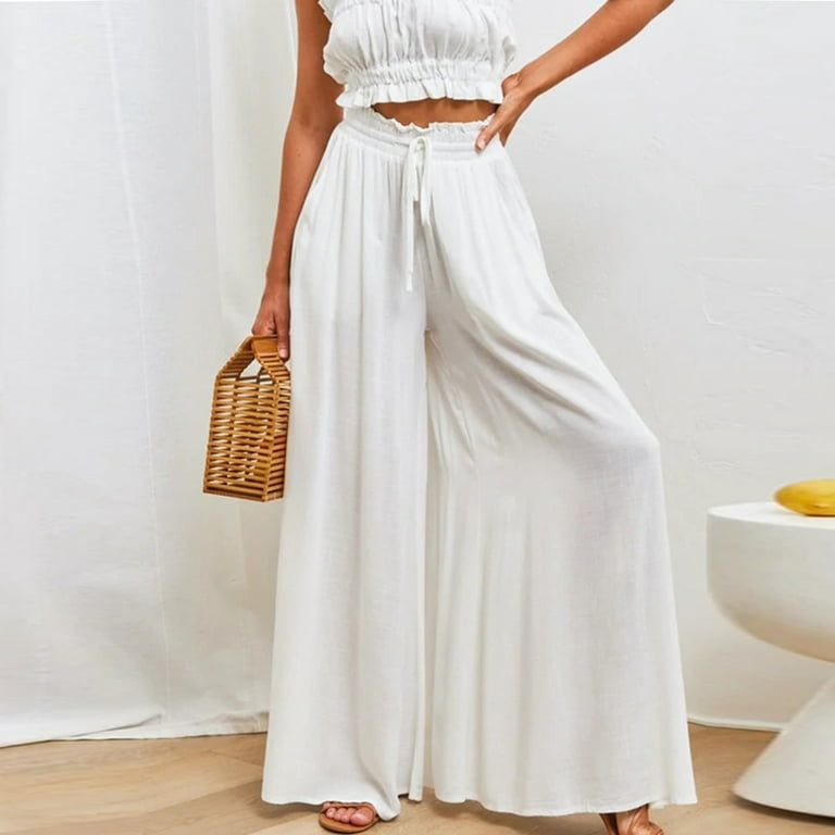 Knosfe Petite Dress Pants High Waist Loose Drawstring Women Trouser Pants  Wide Leg Pull Ons Dressy Pants for Women with Pockets White L