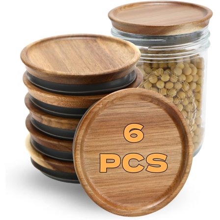 LQQBOX 6 Pcs Wide Mouth Mason Jar Lids Reusable canning lids Wooden jar Lids with Airtight Silicone Seal, Brown